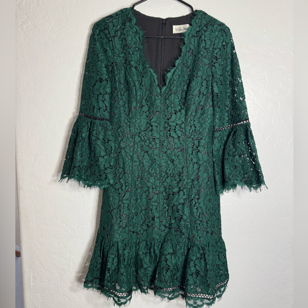 Eliza J Green Lace Bell Sleeve Dress Size 4 Fit & Flare Wicked Witch Vibes
